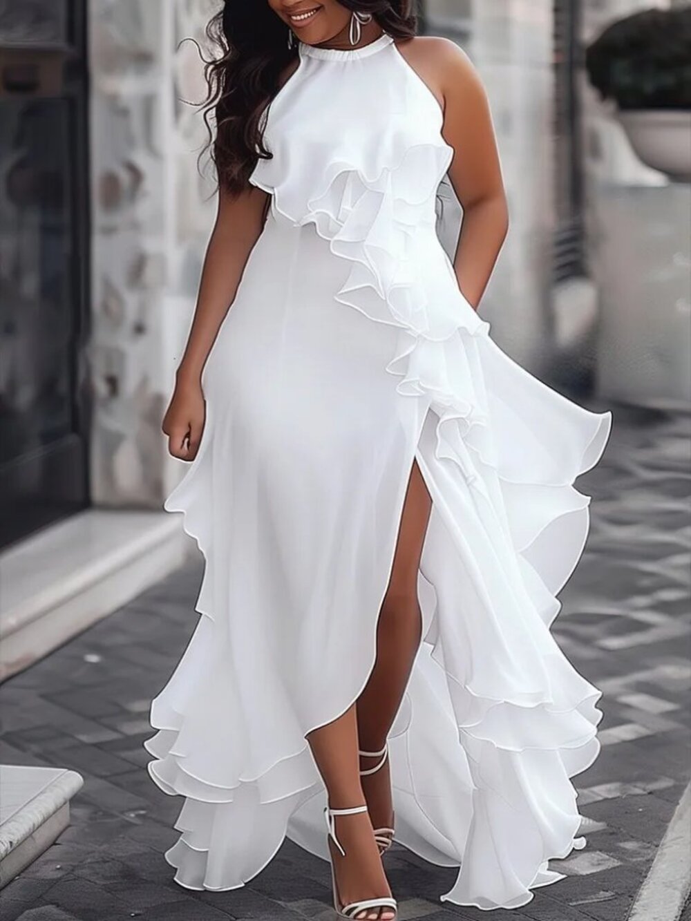 Xpluswear Design Plus Size Wedding White Halter Collar Split Ruffle Maxi Dress